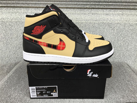 Air Jordan 1 Mid Tartan Swoosh Black Sesame Fire Red White DZ5329-001