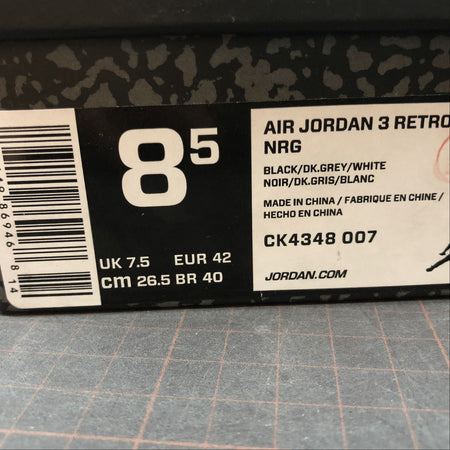 Air Jordan 3 Retro JTH NGR Black Dark Grey White 3M CK4348-007
