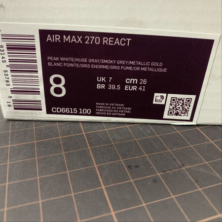 Air Max 270 React Peak White Huge Gray Smoky Grey Mtlc Gold CD6615-100